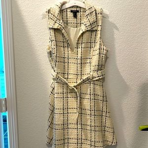 Tweed dress with belt.